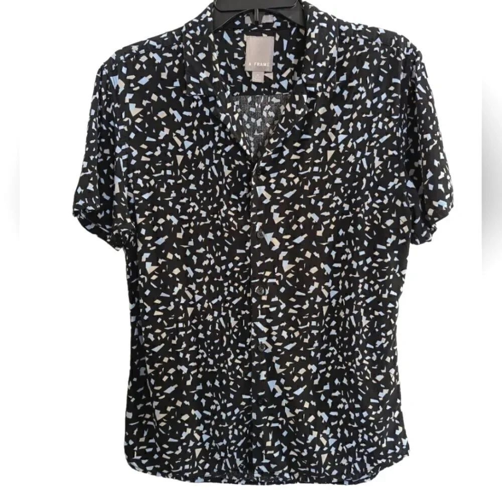 A-Frame Black gray blue confetti button down short sleeve shirt mens M Short